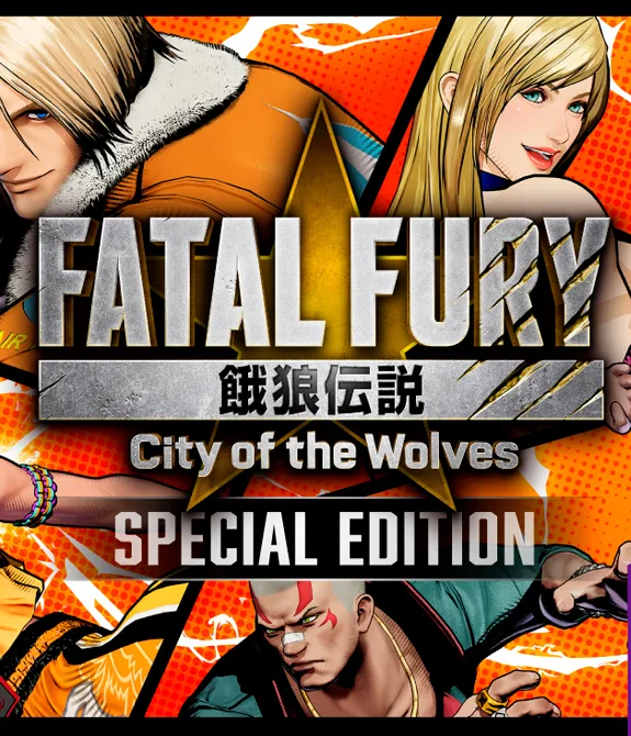 Capa com vários personagens de Fatal Fury City of the Wolves e sua edição especial, logo ao lado mostrando a versão digital com 67% de desconto durante as vendas de inverno (Hemisfério norte).