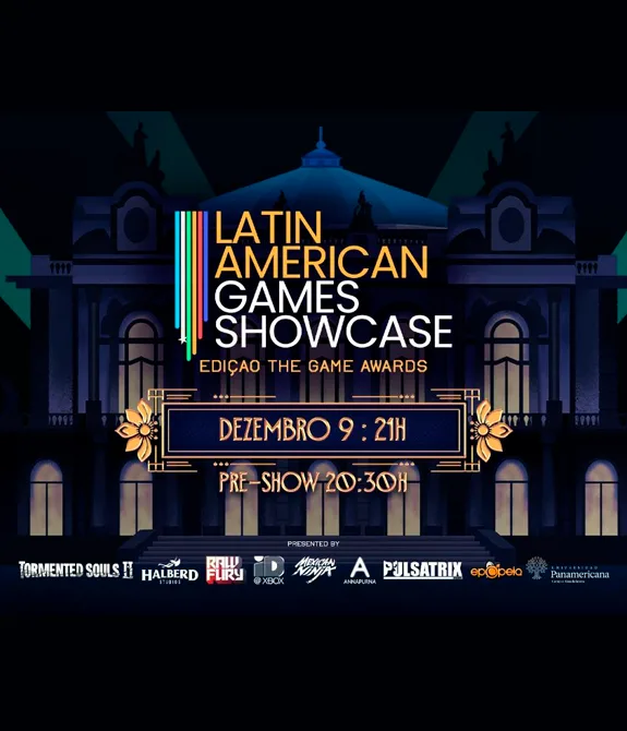 Imagem mostrando logo da Latin American Games Showcase Edição The Game Awards com a data de 9 de Dezembro as 21 horas. Ao fundo imagem de um palacete estilizado, à noite iluminado por luzes internas e holofotes externos.