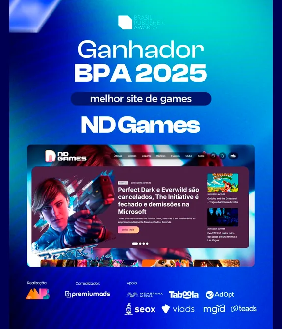 Imagem com os dizeres: Brasil Publisher Awards Ganhador BPA 2025 melhor site de games ND Games