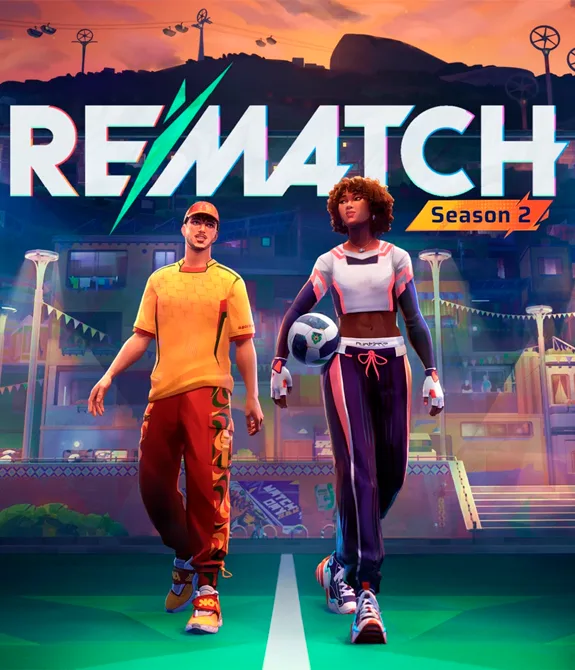 Um homem e uma mulher com roupas de esportistas caminhando em um campo de futebol de bairro, a logo de Rematch Temporada 2 está logo acima dos dois.