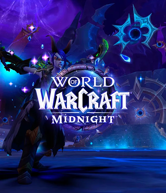 Elfo Noturno como Caçador de Demônios em local com céu roxo e muitas formações de pedra. Logo de World of Warcraft Midnight à frente.