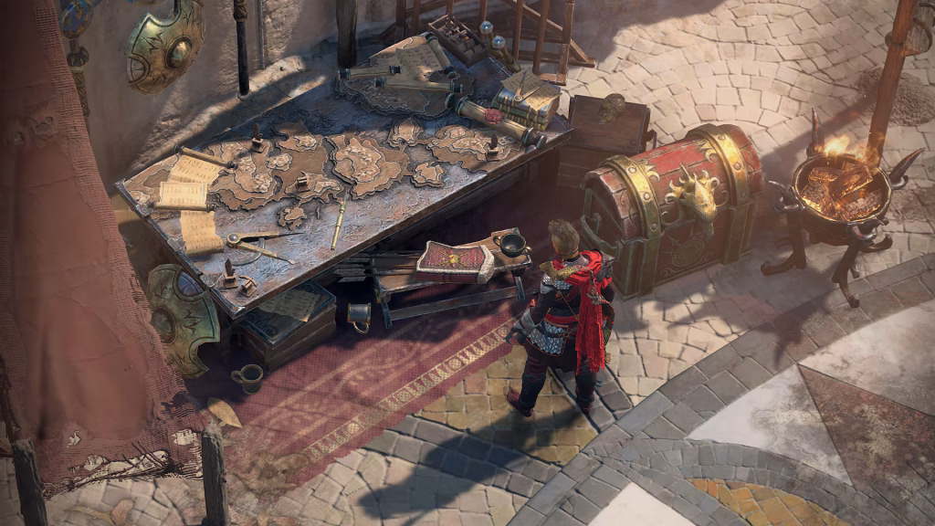 Personagem observando uma grande mesa cheia de mapas.