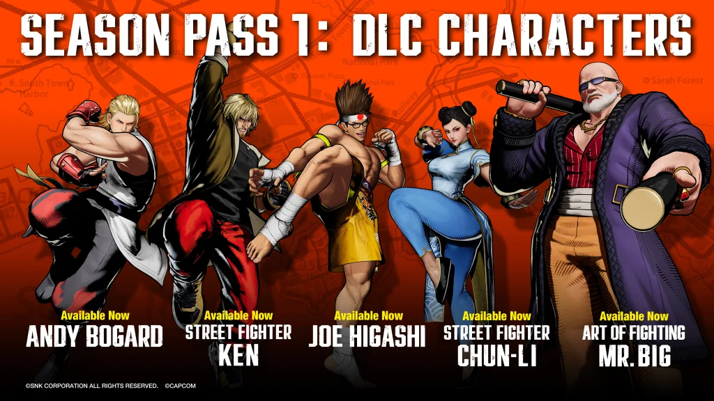 Personagens da DLC da temporada 1: Andy Bogard, Ken, Joe Higashi, Chun-li e Mr. Big.