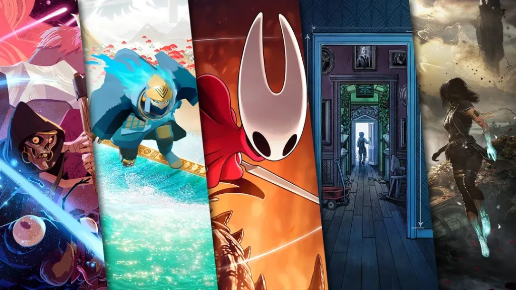 Melhores jogos indie de 2025 no PlayStation. Imagem inclui Ball X Pit, Sword of the Sea, Hollow Knight: Silksong, Blue Prince e Clair Obscur: Expedition 33.