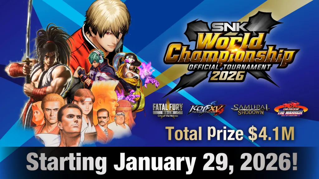 Capa do SNK World Championship 2026 com vários personagens dos vários jogos de luta do evento.