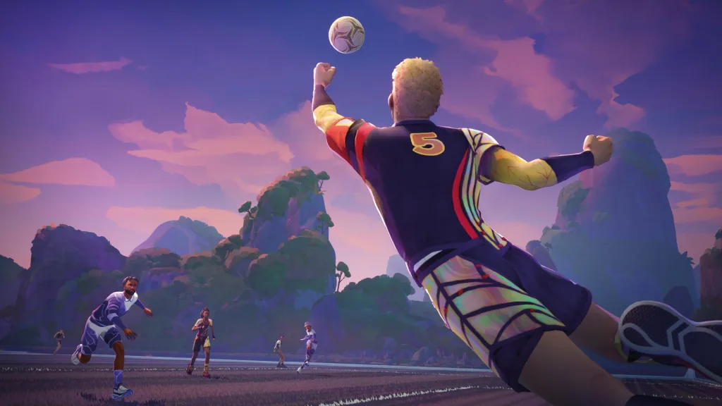 Jogador pulando em direção a bola enquanto outros observam.