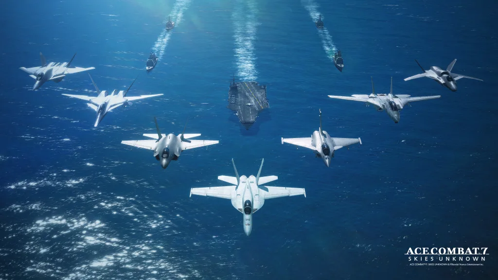 ACE COMBAT 8 Wings of Theve anunciado para 2026. Aviões sobrevoando o mar acompanhados de porta-aviões.