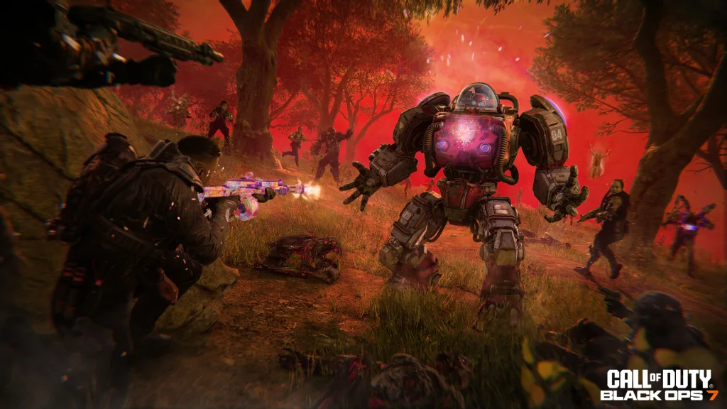 Imagem no Fim da Jornada com Operadores em local com céu vermelho e muitos inimigos.