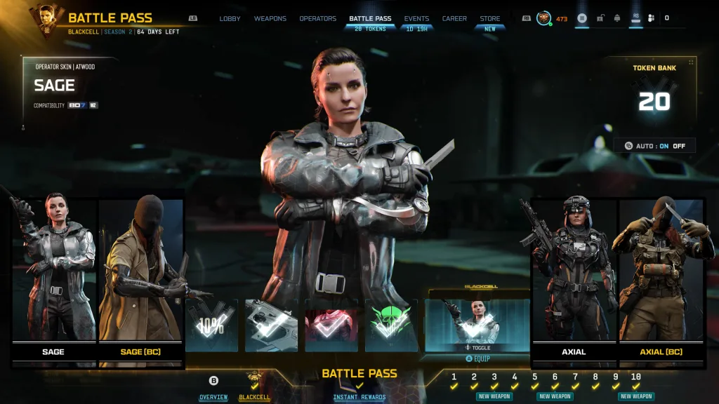 Tela do Passe de Batalha com Sage e Axial em suas skins normais e de Blackcell.