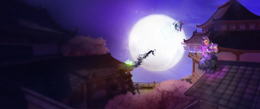 Temporada 20 de Overwatch 2 na metade, imagem com Sombra, Widowmaker e Diva em cima de telhado no estilo oriental.