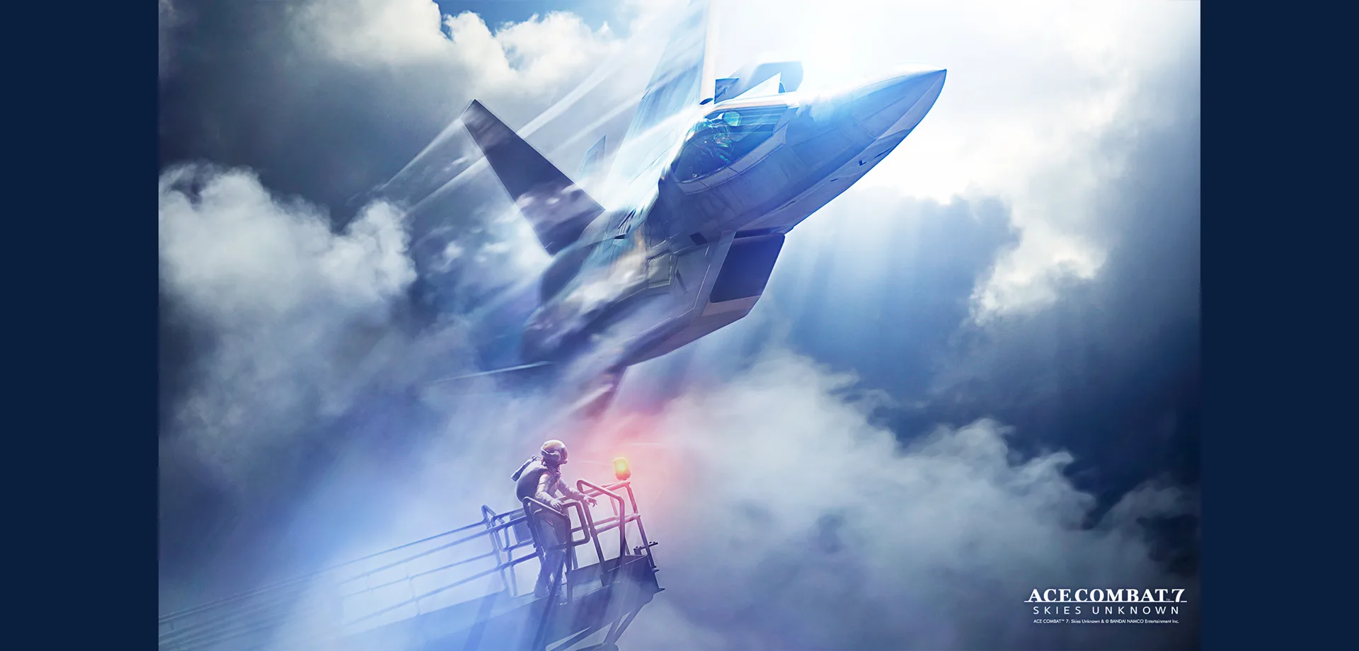 ACE COMBAT 7 vendas ultrapassam 7 milhões de unidades. Avião em meio a nuvens e plataforma com piloto obersvando.