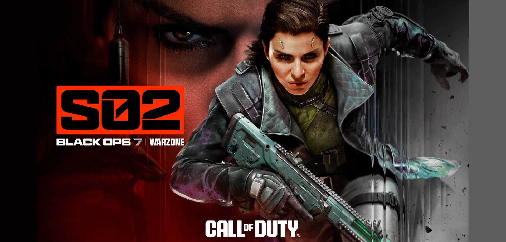 Operadora Victoria Atwood de Call of Duty Temporada 2 Black Ops 7 com um fuzil de assalto correndo em direção a tela, ao fundo a imagem do seu rosto e sua mão segurando uma seringa. À frente, o símbolo de S02 Black Ops 7 Warzone.