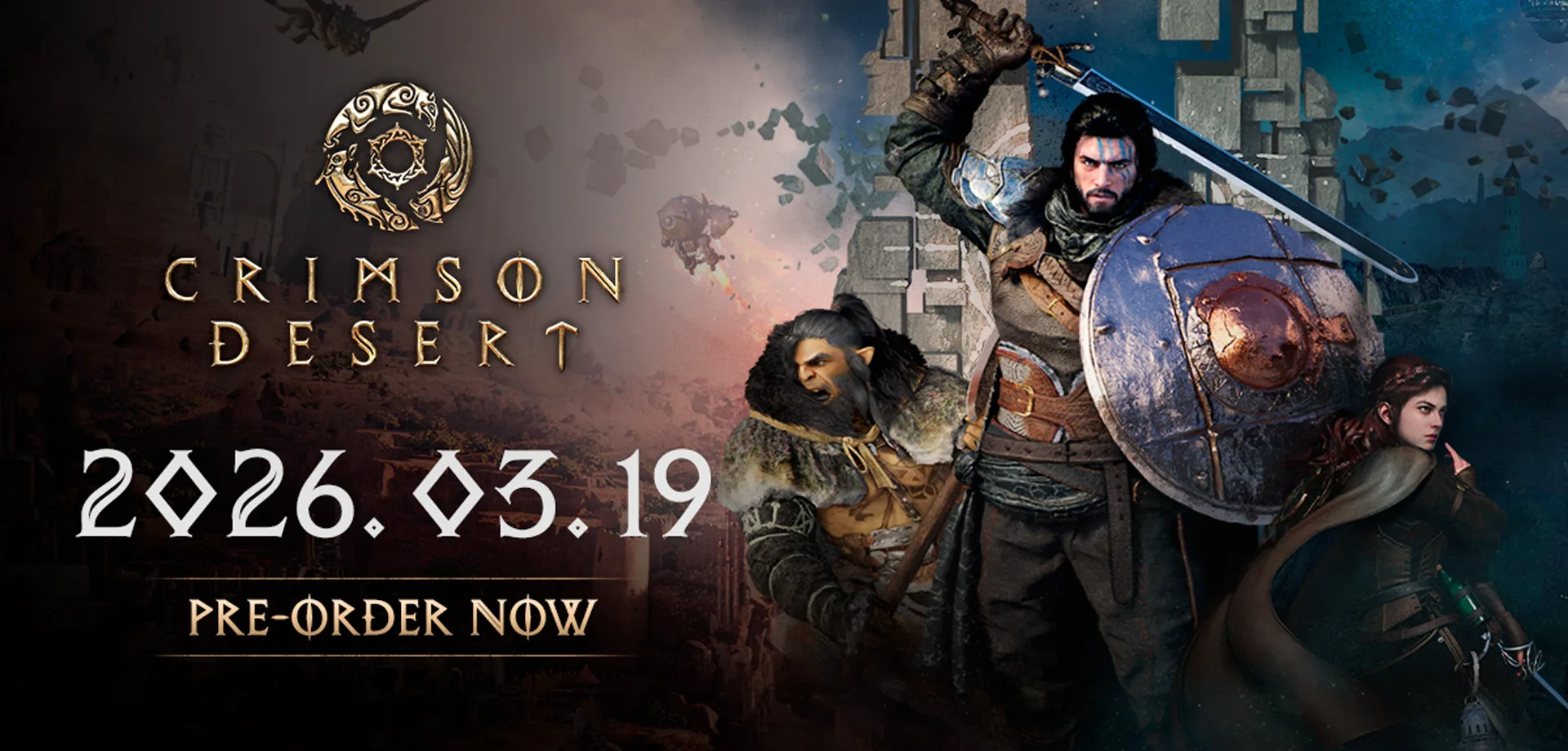 3 Personagens à direita e na esquerda a logo de Crimson Desert com a data de 19 de março de 2026.
