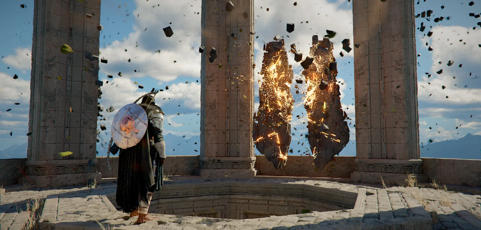 Personagem Kilff de Crimson Desert em frente a algum tipod e artefato do Abyss em um poço.