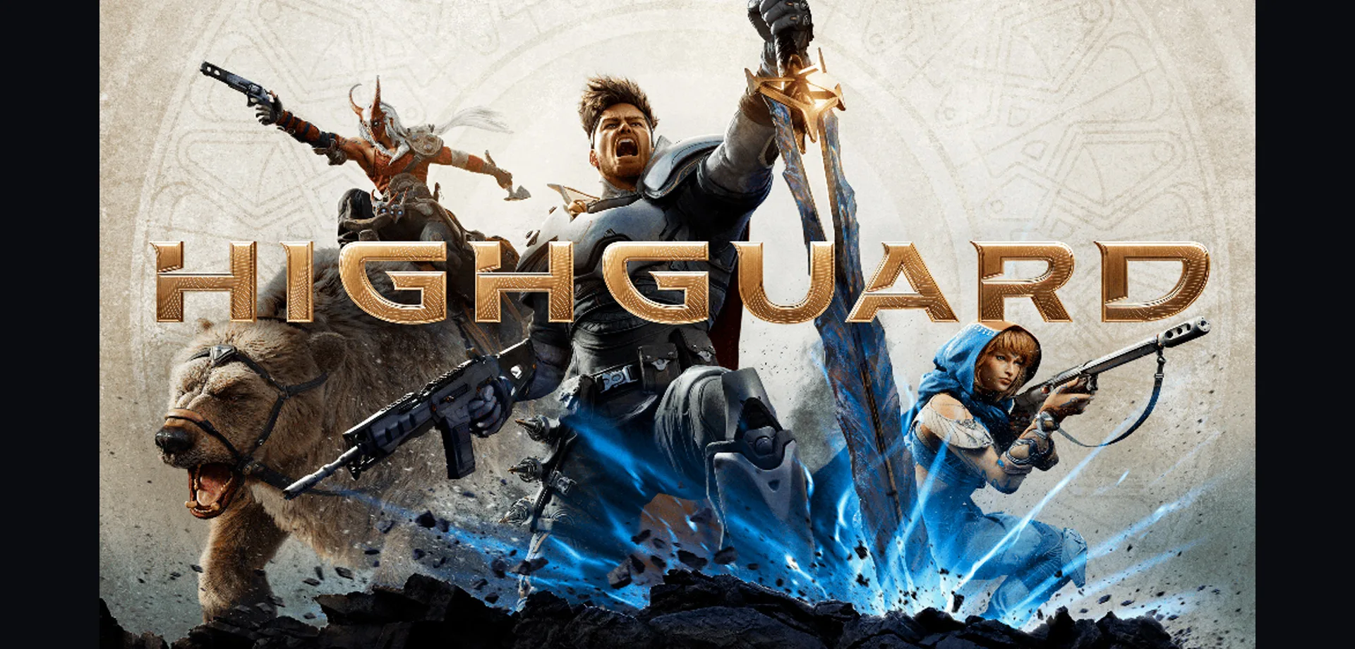 3 personagens, um deles montado em um urso, outro com uma espada e mais um com uma arma de longo alcance. À frente o título Highguard.