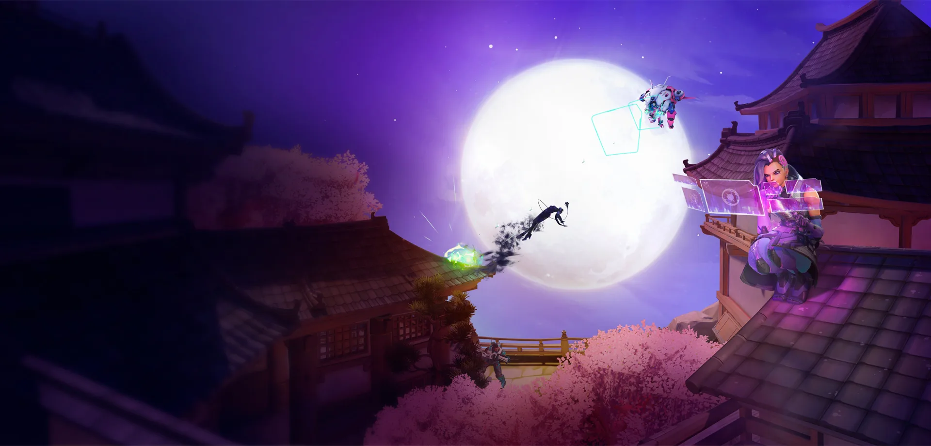 Temporada 20 de Overwatch 2 na metade, imagem com Sombra, Widowmaker e Diva em cima de telhado no estilo oriental.