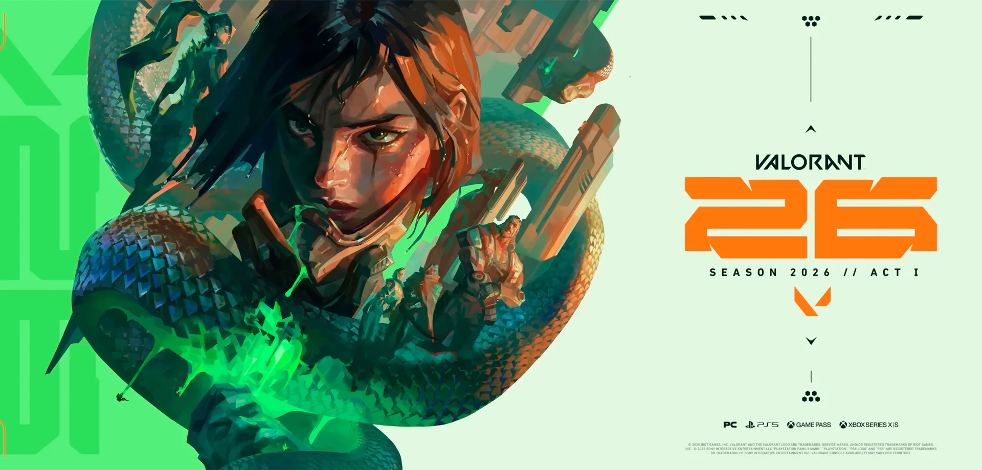 Viper em imagem com vários outros personagens em Temporada 2026 Valorant Ato 1.