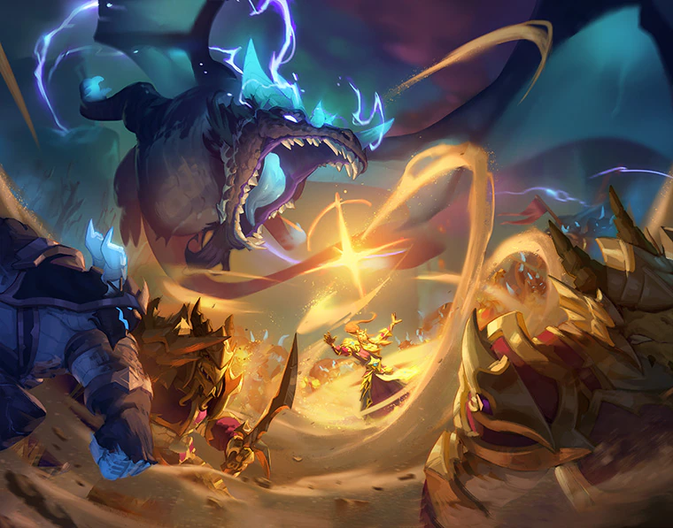 Dragões e personagens lutando nas areias do tempo.