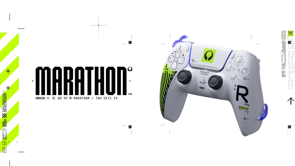 Imagem com Logo de Marathon à esquerda e controle DualSense do PS5 em branco com detalhes verdes e azuis.