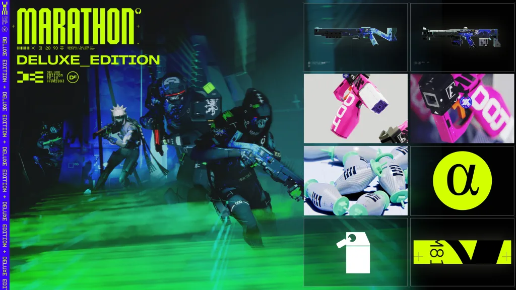 Vários personagens em ação à esquerda e itens cosméticos à direita da imagem.