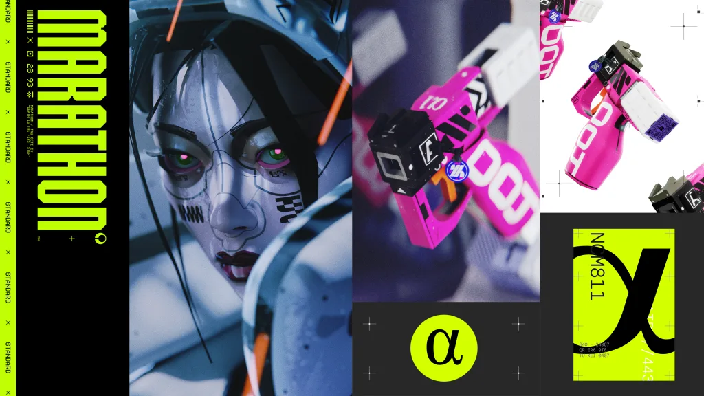 Capa de Marathon com personagem olhando pra tela e uma arma rosa, a istola Tática CD PRIMEIRA FASE 004.