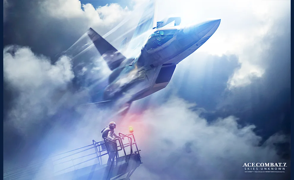 ACE COMBAT 7 vendas ultrapassam 7 milhões de unidades. Avião em meio a nuvens e plataforma com piloto obersvando.