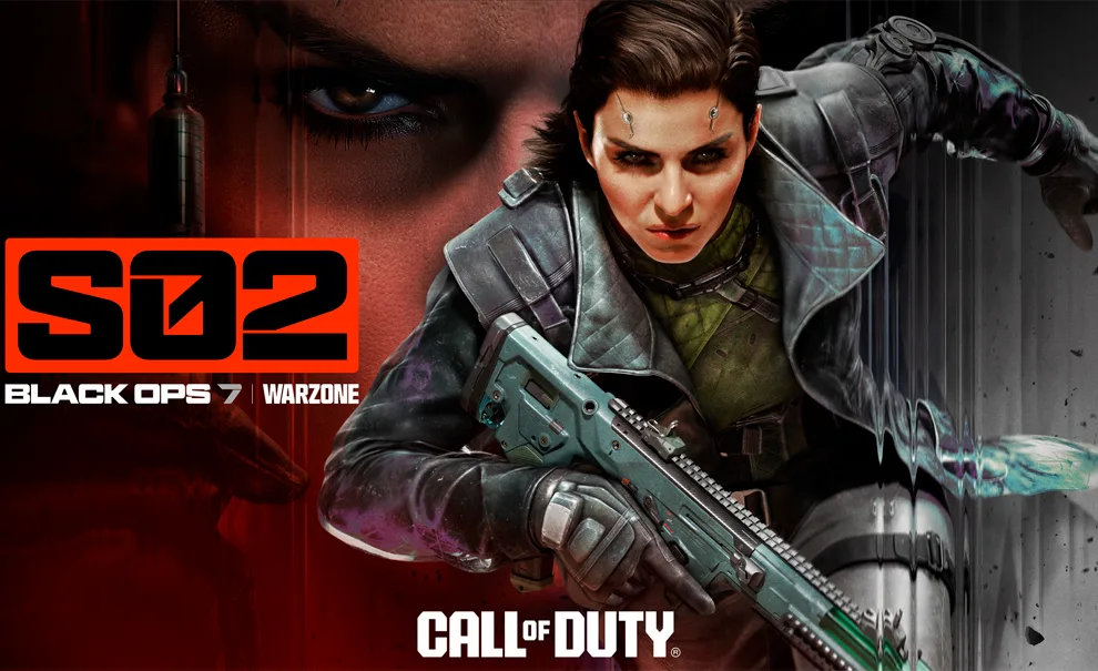 Operadora Victoria Atwood de Call of Duty Temporada 2 Black Ops 7 com um fuzil de assalto correndo em direção a tela, ao fundo a imagem do seu rosto e sua mão segurando uma seringa. À frente, o símbolo de S02 Black Ops 7 Warzone.