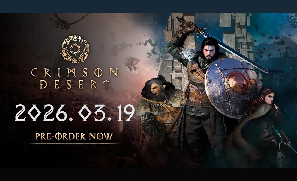 3 Personagens à direita e na esquerda a logo de Crimson Desert com a data de 19 de março de 2026.