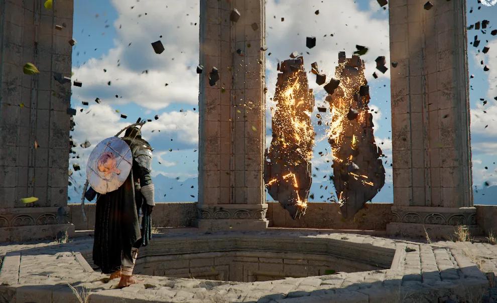 Personagem Kilff de Crimson Desert em frente a algum tipod e artefato do Abyss em um poço.