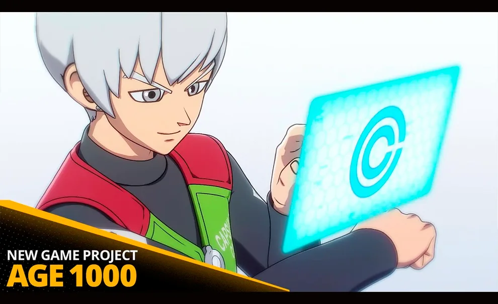 Novo Personagem de DRAGON BALL AGE 1000 utilizando uma tela saindo do braço em realidade aumentada. Embaixo as escritas New Game Project Age 1000.