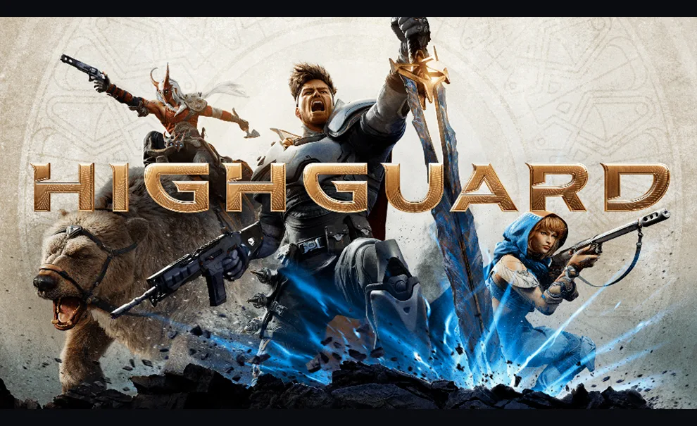 3 personagens, um deles montado em um urso, outro com uma espada e mais um com uma arma de longo alcance. À frente o título Highguard.