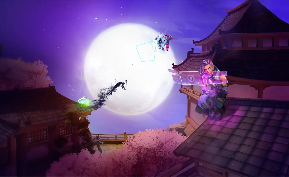 Temporada 20 de Overwatch 2 na metade, imagem com Sombra, Widowmaker e Diva em cima de telhado no estilo oriental.