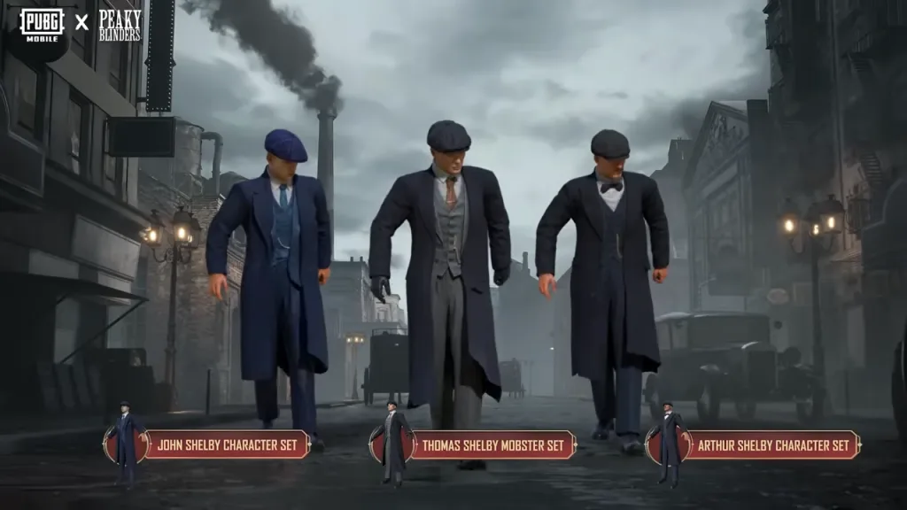 PUBG Mobile Peaky Blinders Com os 3 irmãos Shelby caminhando em ruas industriais.