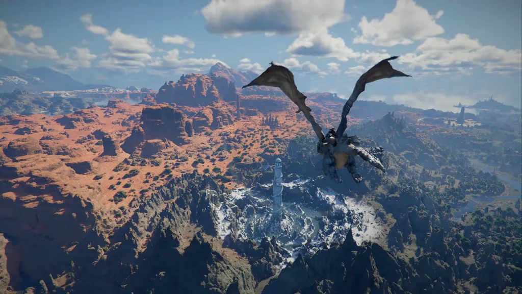 Exploração em Crimson Desert com montaria e travessia aérea pelo mapa de Pywel, no caso com um dragão.