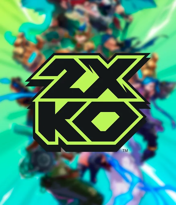 Jogo 2XKO da Riot Games lançado oficialmente. Imagem com personagens borrados ao fundo e o logo do jogo à frente.