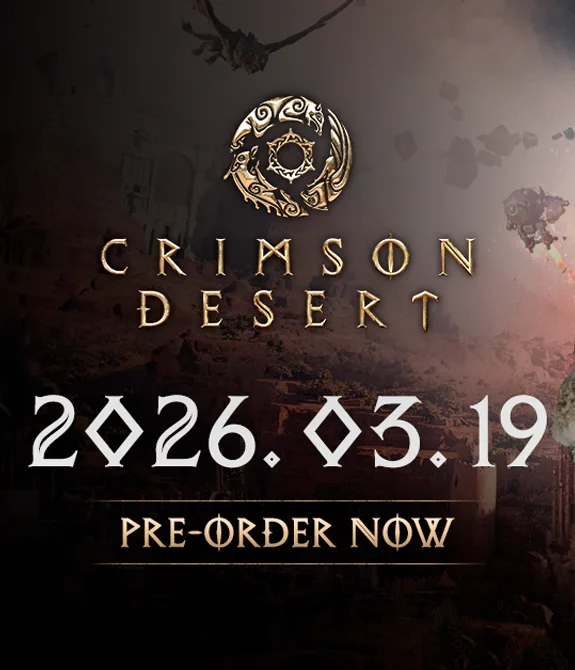 3 Personagens à direita e na esquerda a logo de Crimson Desert com a data de 19 de março de 2026.