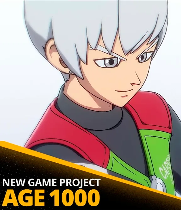 Novo Personagem de DRAGON BALL AGE 1000 utilizando uma tela saindo do braço em realidade aumentada. Embaixo as escritas New Game Project Age 1000.