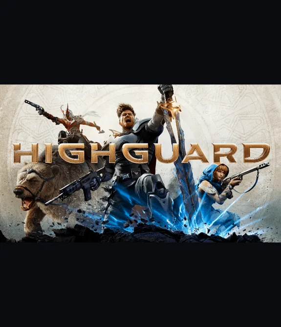 3 personagens, um deles montado em um urso, outro com uma espada e mais um com uma arma de longo alcance. À frente o título Highguard.