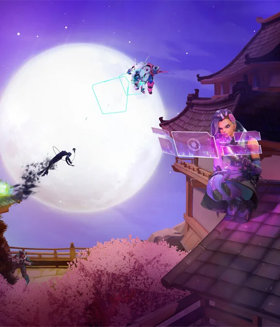 Temporada 20 de Overwatch 2 na metade, imagem com Sombra, Widowmaker e Diva em cima de telhado no estilo oriental.