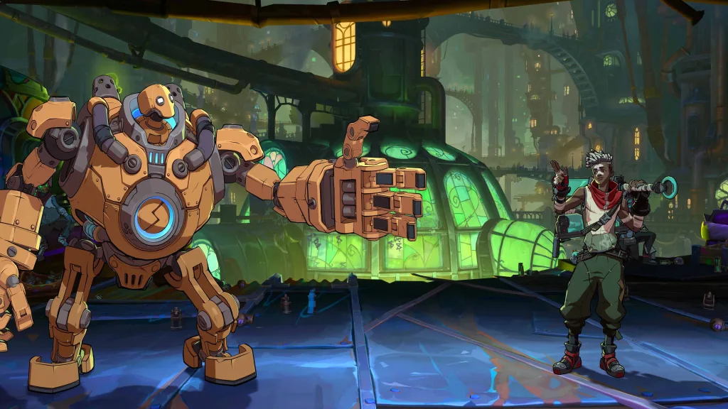 Blitz e Ekko em Cenário de Zaum dando um "jóia" um pro outro.