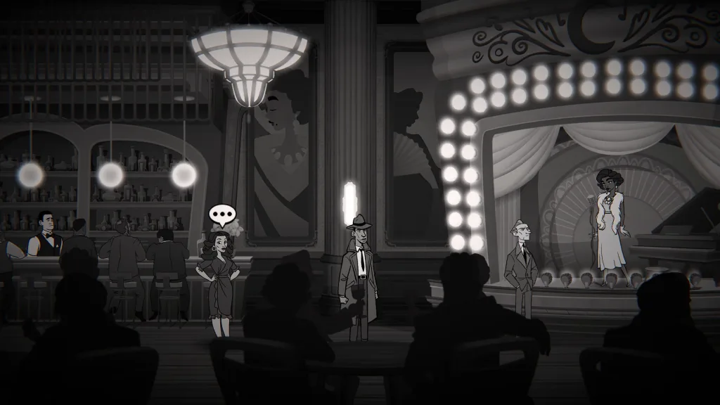 Personagens em um clube, balcão ao fundo com um garçom, palco à frente com uma cantora, pessoas sentadas em mesas.