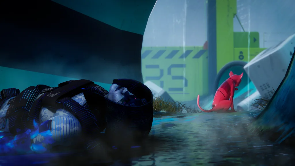 Personagem no chão ao lado do gato vermelho.