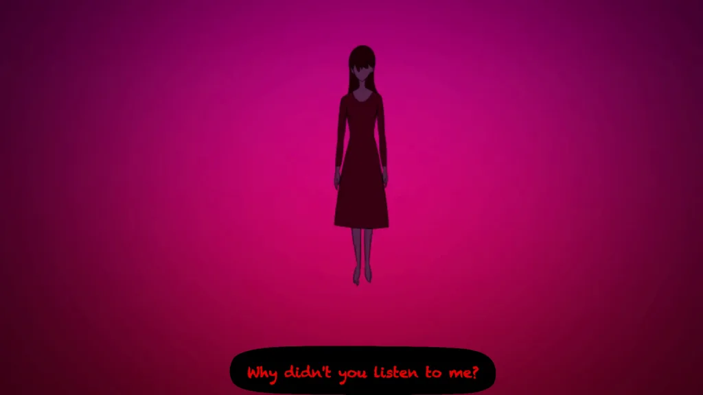 Personagem flutuando em fundo rosa e preto e perguntando em inglês "porquê você não me ouviu?"