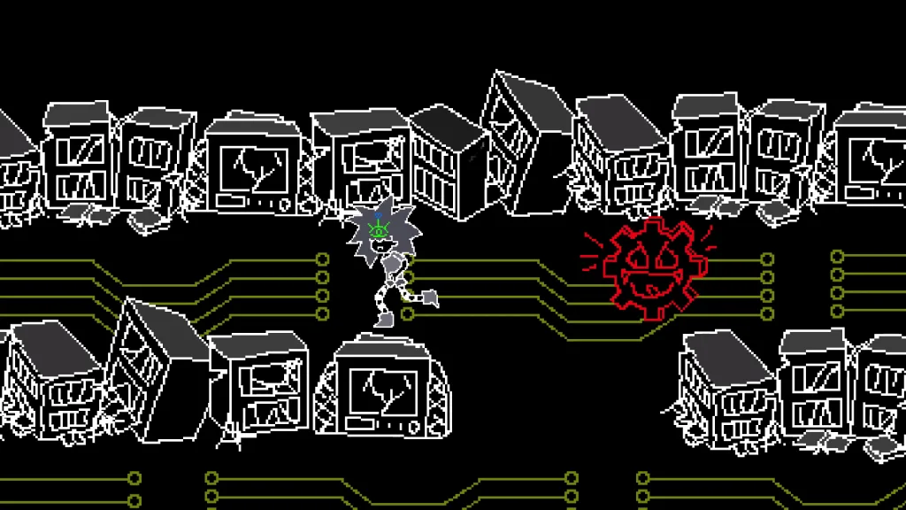 Mai no mundo sombrio, com tela toda preta e desenhos traçados em branco.