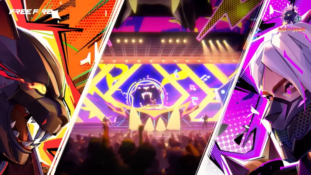 Imagem de 2 personagens de Free Fire Baile do Jaguar em palco em um enfrentamento.