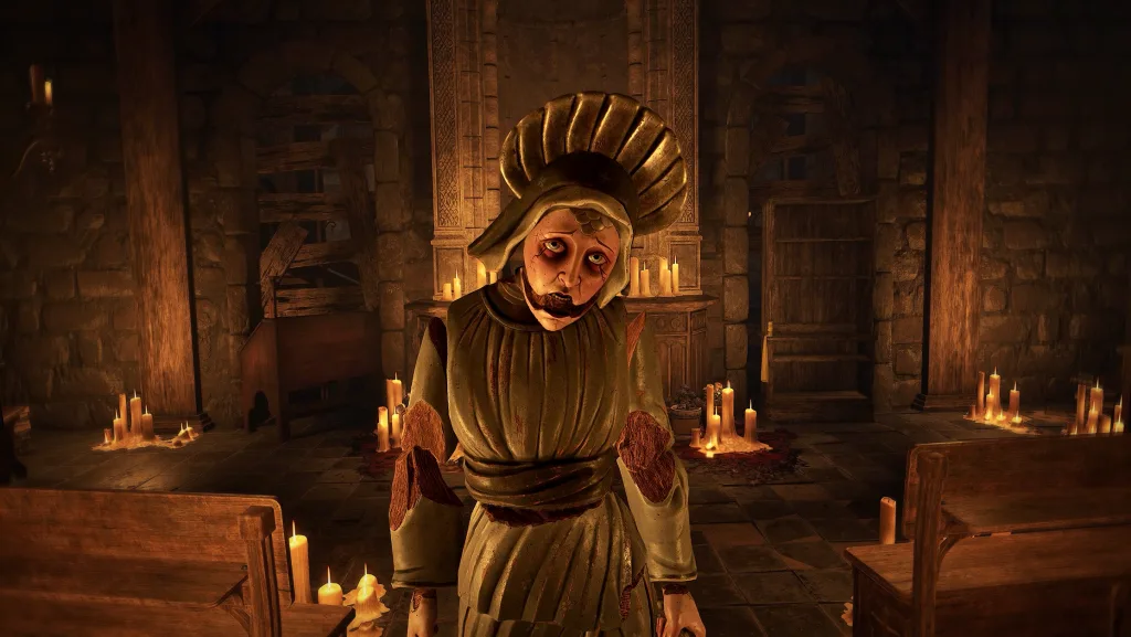 Personagem do jogo, como uma estátua de barro triste caminhando em direção ao protagonista.