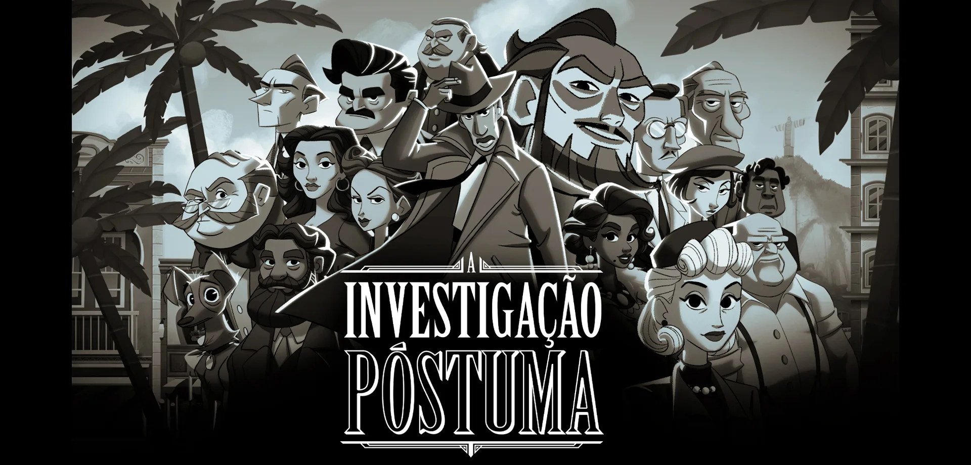 Capa de A Investigação Póstuma com vários personagens e ao fundo o Rio de Janeiro.