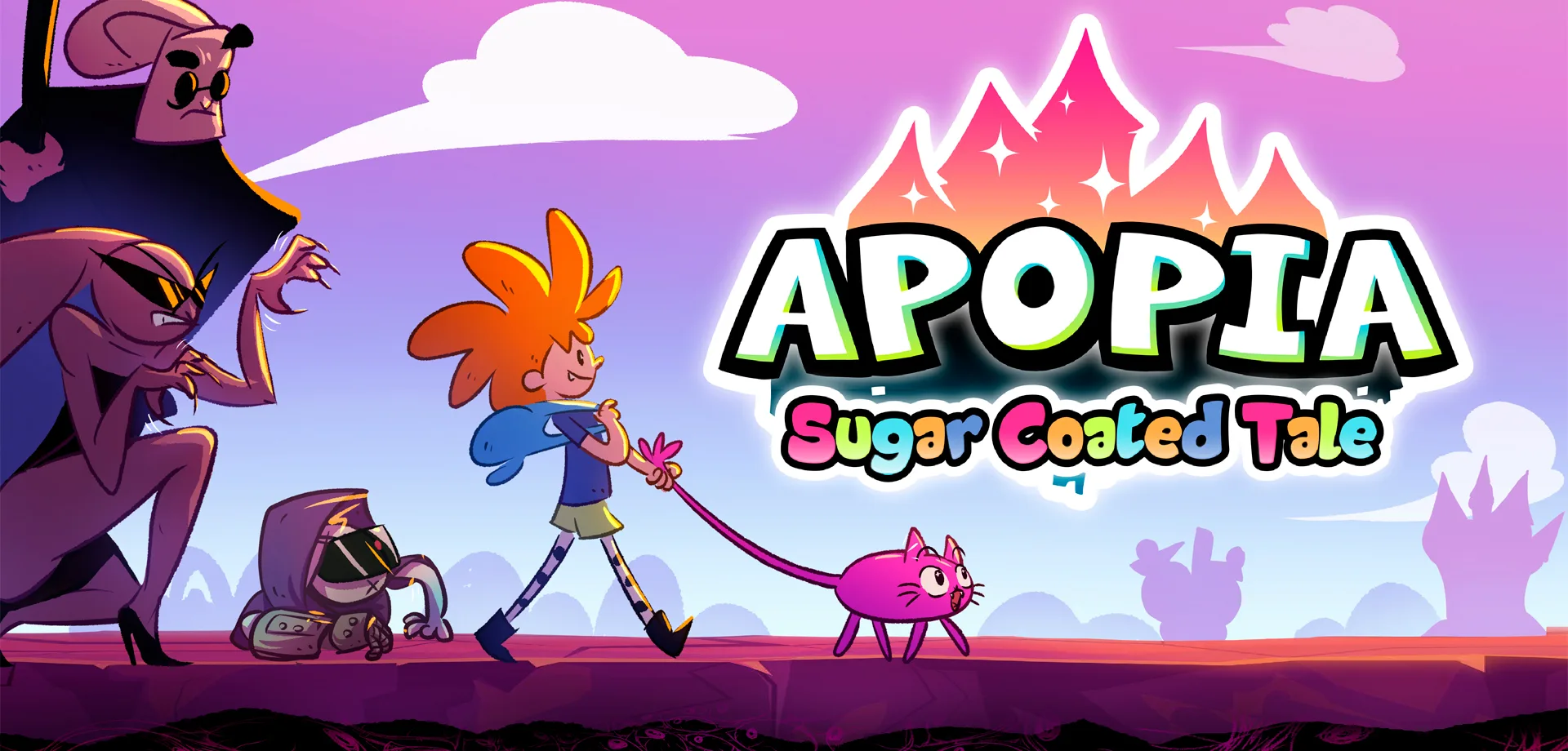 Personagem principal Mai de Apopia Um Conto Disfarçado, andando com seu gato rosa e sendo observada por 3 figuras mais sombrias. À direita a logo do jogo.