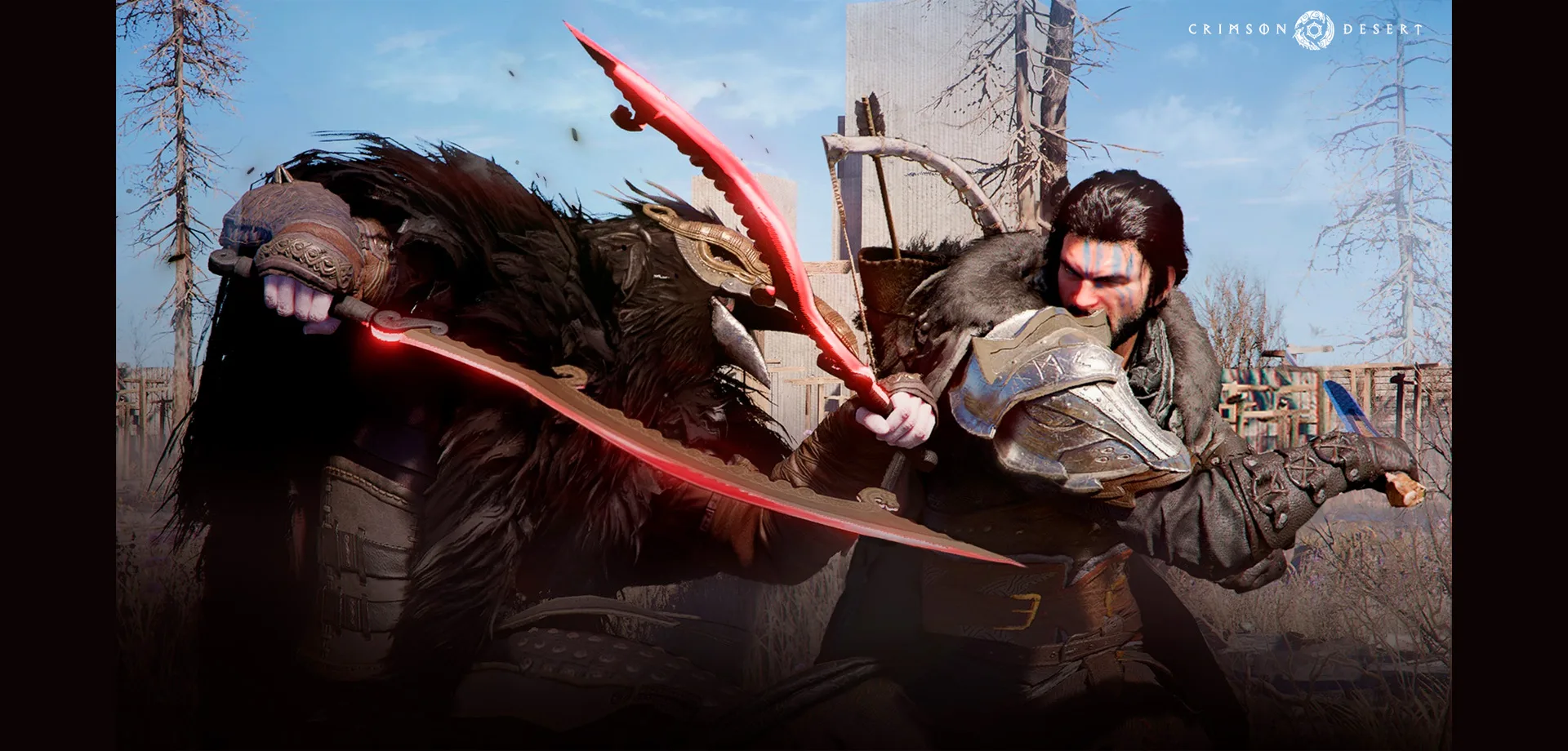 Kliff, líder dos greymanes em Crimson Desert lutando contra um inimigo de espadas duplas.