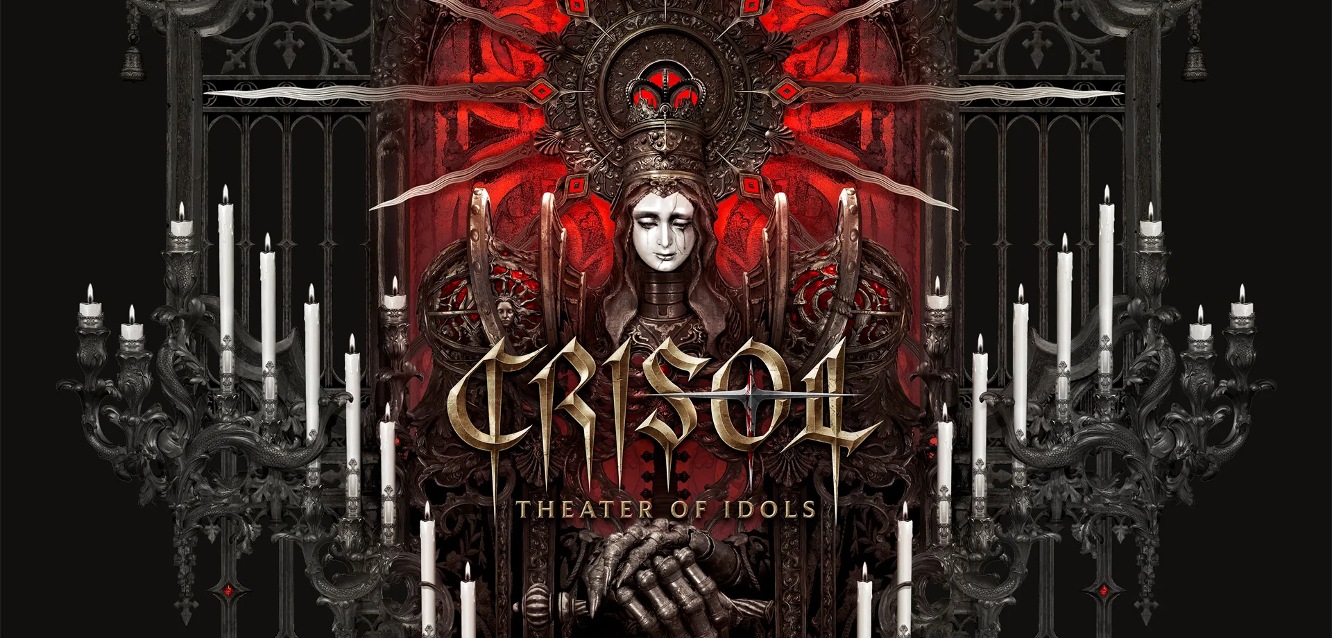 Muitas velas, grades de metal, uma estátua em um estilo barroco e a logo de Crisol Theater of Idols.